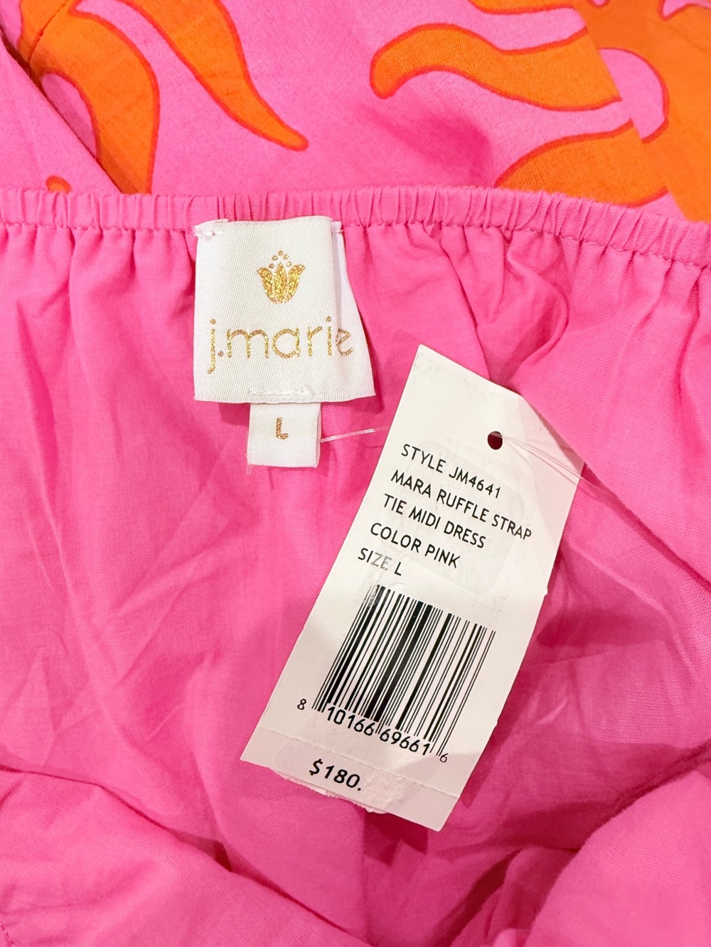 J.Marie Mara Ruffle Strap Tie Back Pink Orange Sun Print Cotton Midi Dress NWT - Picture 11 of 16